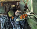 Naturaleza muerta con tarro de jengibre y berenjenas Paul Cezanne